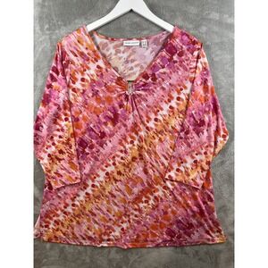 Susan Graver Top Liquid Knit Sz 1X Pink White V-neck Minimalist Casual Normcore